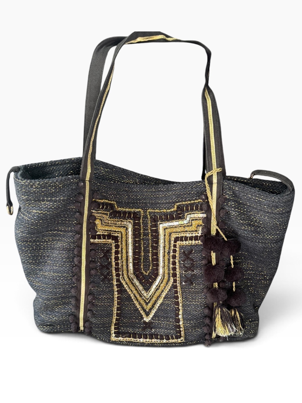 America & Beyond Luxe Love Hand-Beaded Tote Bag Black Gold Boho Jacquard